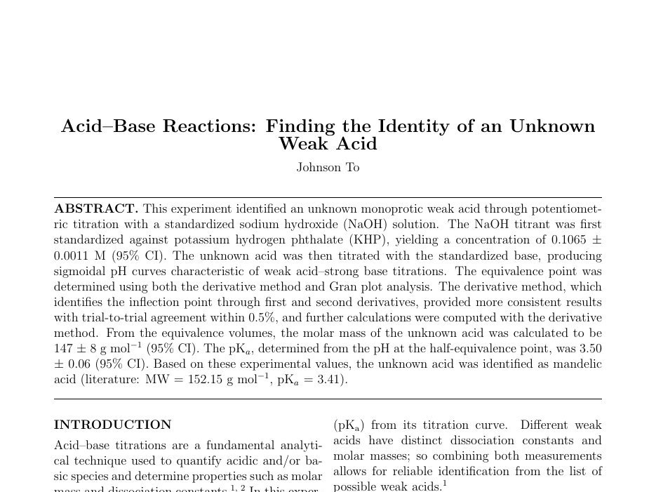 First page of the formal lab report on identifying an unknown weak acid
